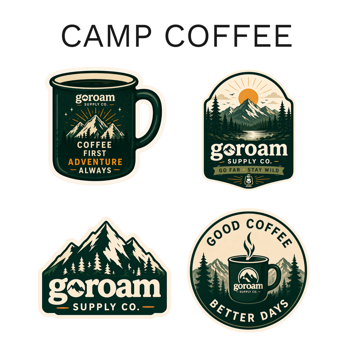 GoRoam Adventure Collections Sticker Pack - waterproof vinyl outdoor sticker bundle, Camp Coffee design