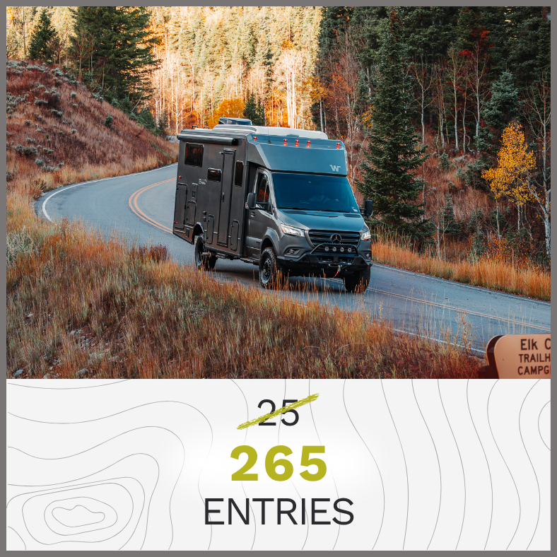 QUICK ENTRY - $25; Camper van driving in the mountains during the fall season with colored leaves.