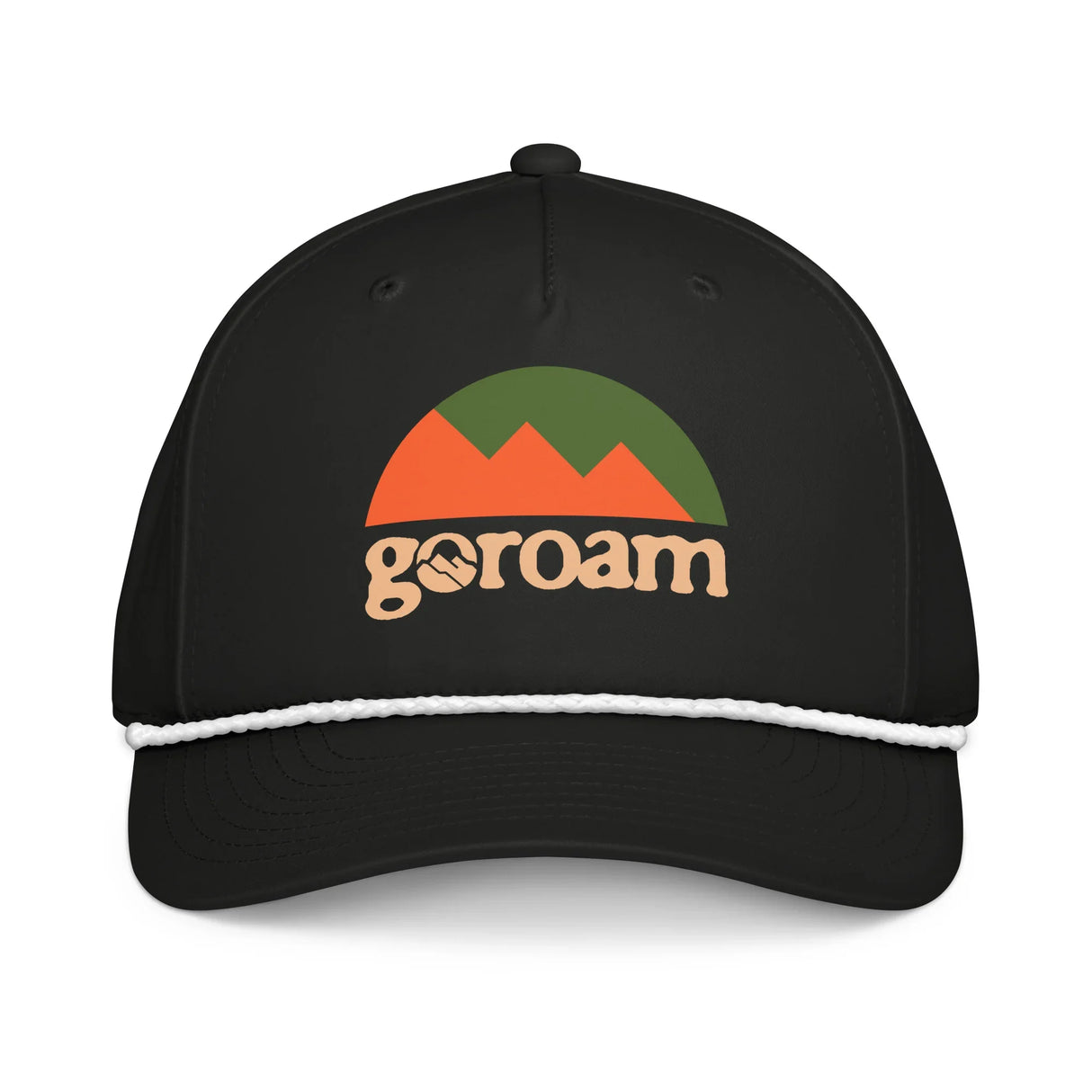 GoRoam Mountain Peak Rope Cap - black and white front view, classic outdoor adventure cap