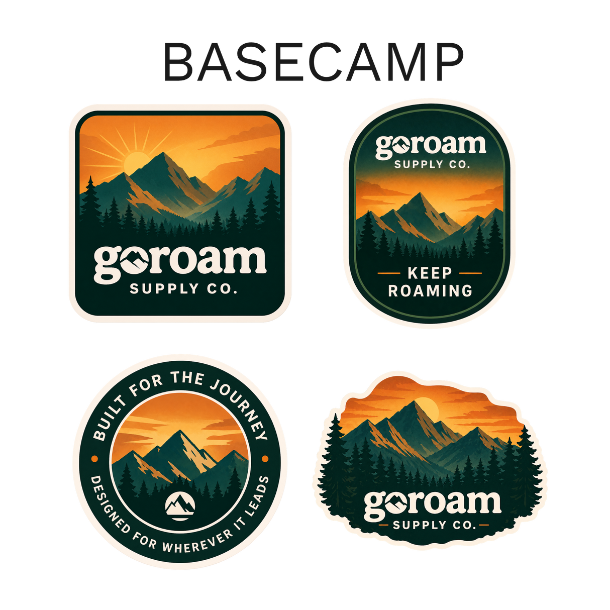 GoRoam Adventure Collections Sticker Pack - waterproof vinyl outdoor sticker bundle, Basecamp design