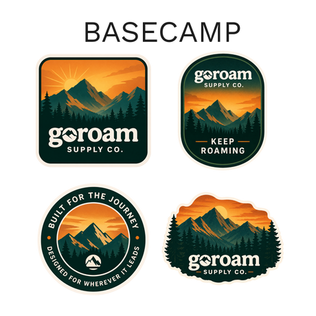GoRoam Adventure Collections Sticker Pack - waterproof vinyl outdoor sticker bundle, Basecamp design
