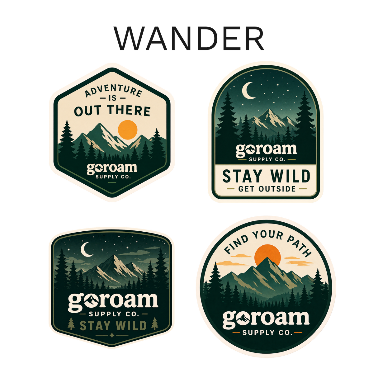 GoRoam Adventure Collections Sticker Pack - waterproof vinyl outdoor sticker bundle, Wander design
