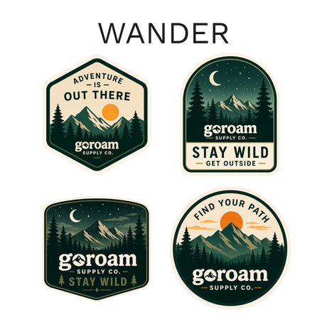 GoRoam Adventure Collections Sticker Pack - waterproof vinyl outdoor sticker bundle, Wander design