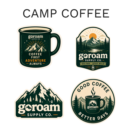 GoRoam Adventure Collections Sticker Pack - waterproof vinyl outdoor sticker bundle, Camp Coffee design