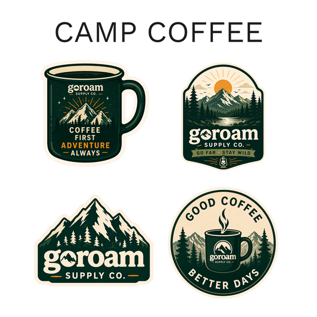 GoRoam Adventure Collections Sticker Pack - waterproof vinyl outdoor sticker bundle, Camp Coffee design
