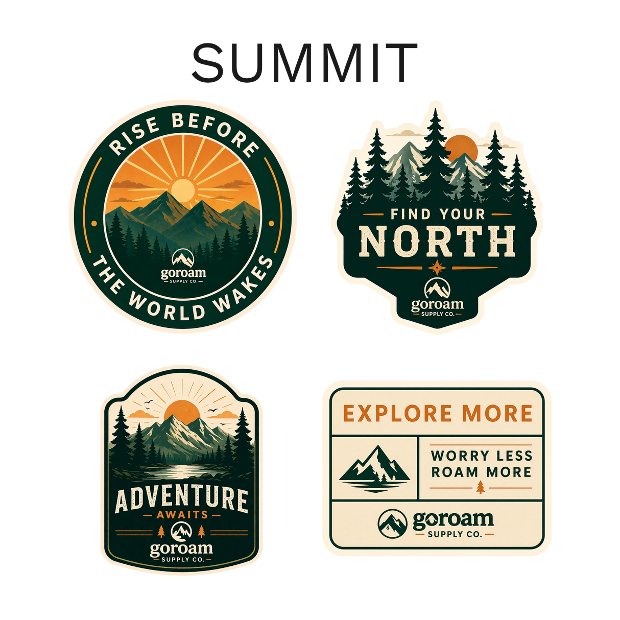 GoRoam Adventure Collections Sticker Pack - waterproof vinyl outdoor sticker bundle, Summit design